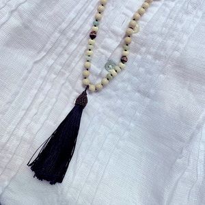 Mala Bead Necklace, Brown and White